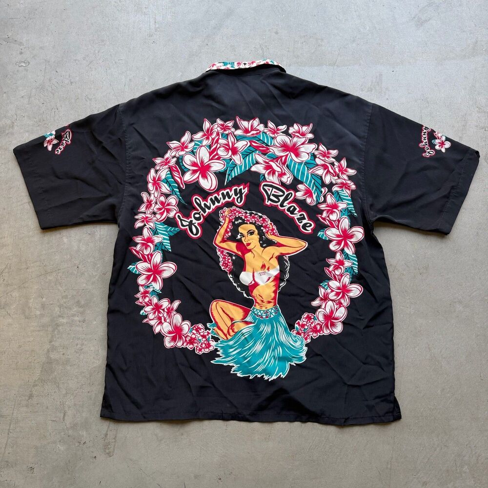 Vintage Johnny Blaze Mens XXL 2XL Hawaiian Girl Tropical Button Down Shirt Y2K